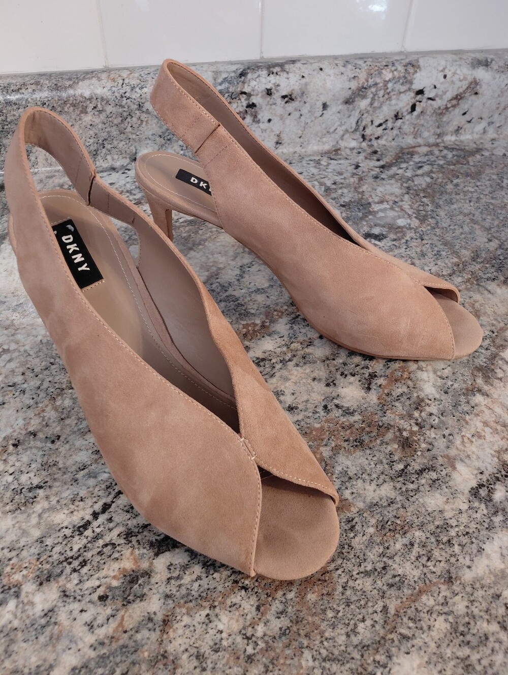 DKNY Nude Tan Suede Slingback Heels With Gold Accent Heels - Picture 2 of 9